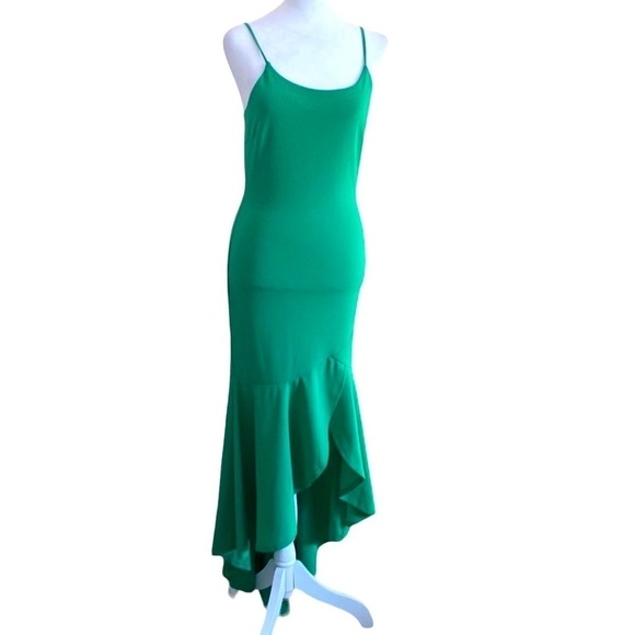 Gibiu Green Spaghetti Straps Ruffle Hem Mermaid Stretch Midi Dress size M - Picture 1 of 8